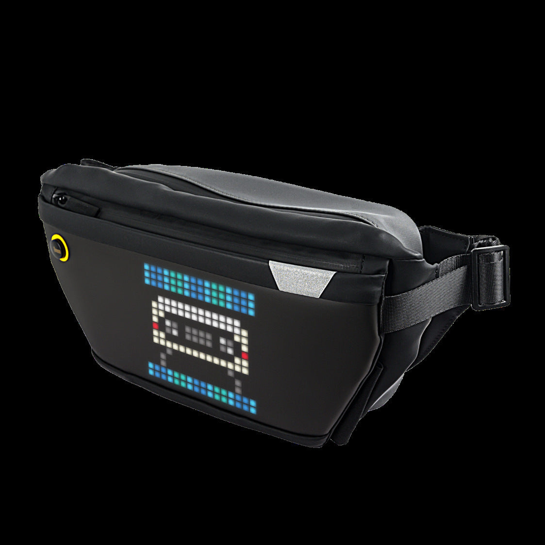 Black waist bag with digital display on a white background