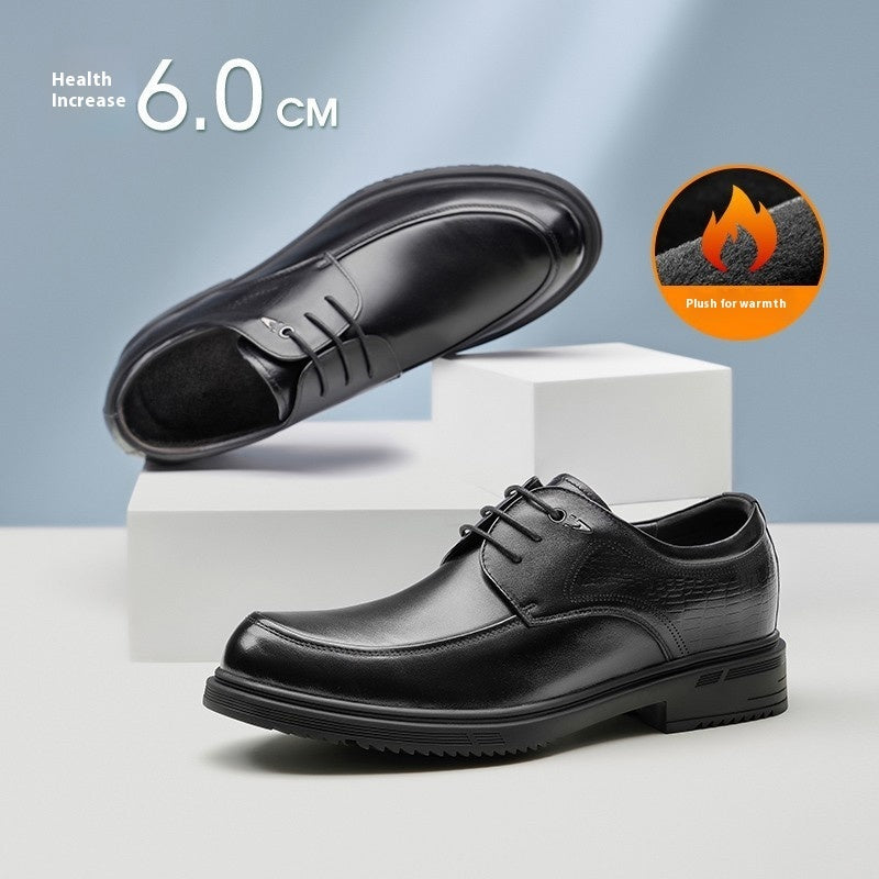 Black dress shoes on a white platform with a blue gradient background, featuring text and icons.