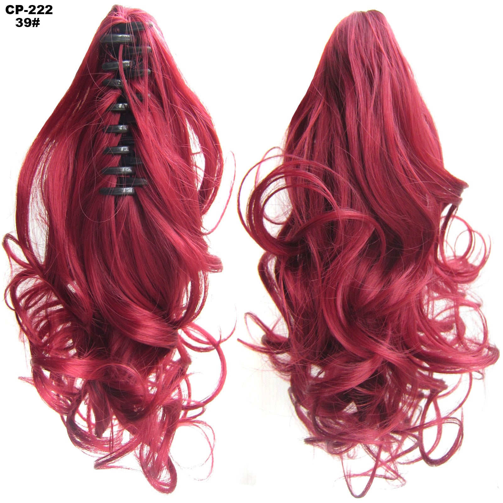 Red hair extension with clip on the left and styled on the right against a white background