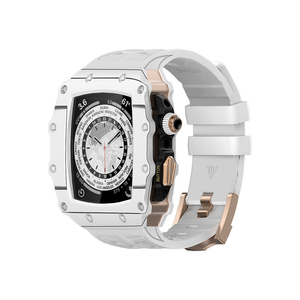Luxury watch with white strap and rose gold accents on a white background