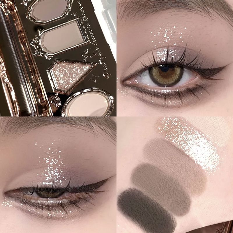 Makeup palette with eye makeup application on a model's eyelids.