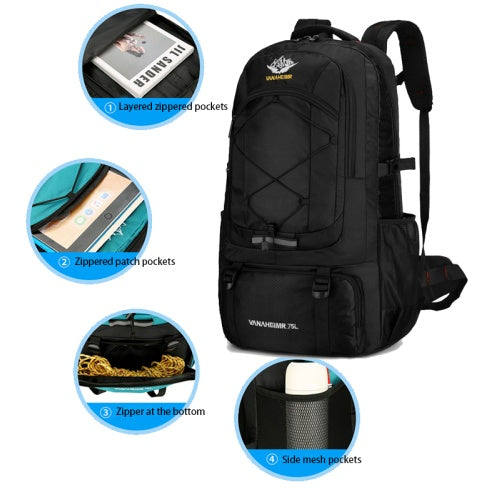 Black backpack with features highlighted on a white background