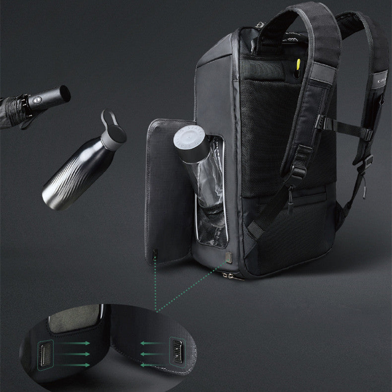 Black backpack with water bottle holder on a dark gray background