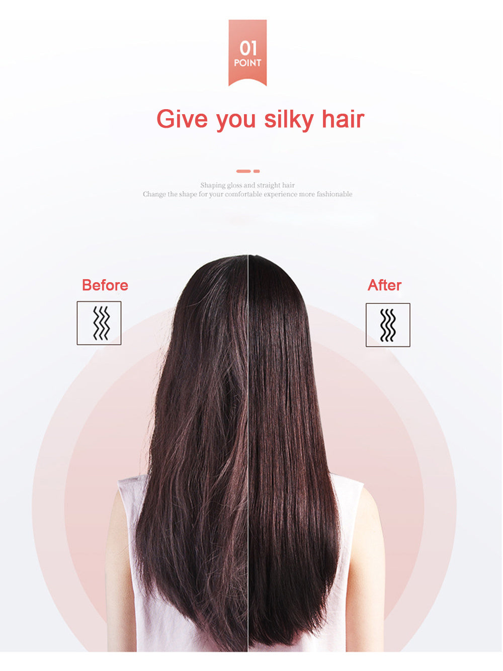 Before and after comparison of silky hair with text 'Give you silky hair' on a white background.