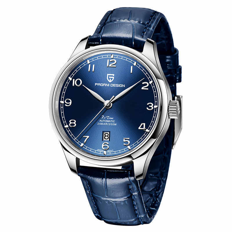 Blue watch with silver case and blue leather strap on a white background