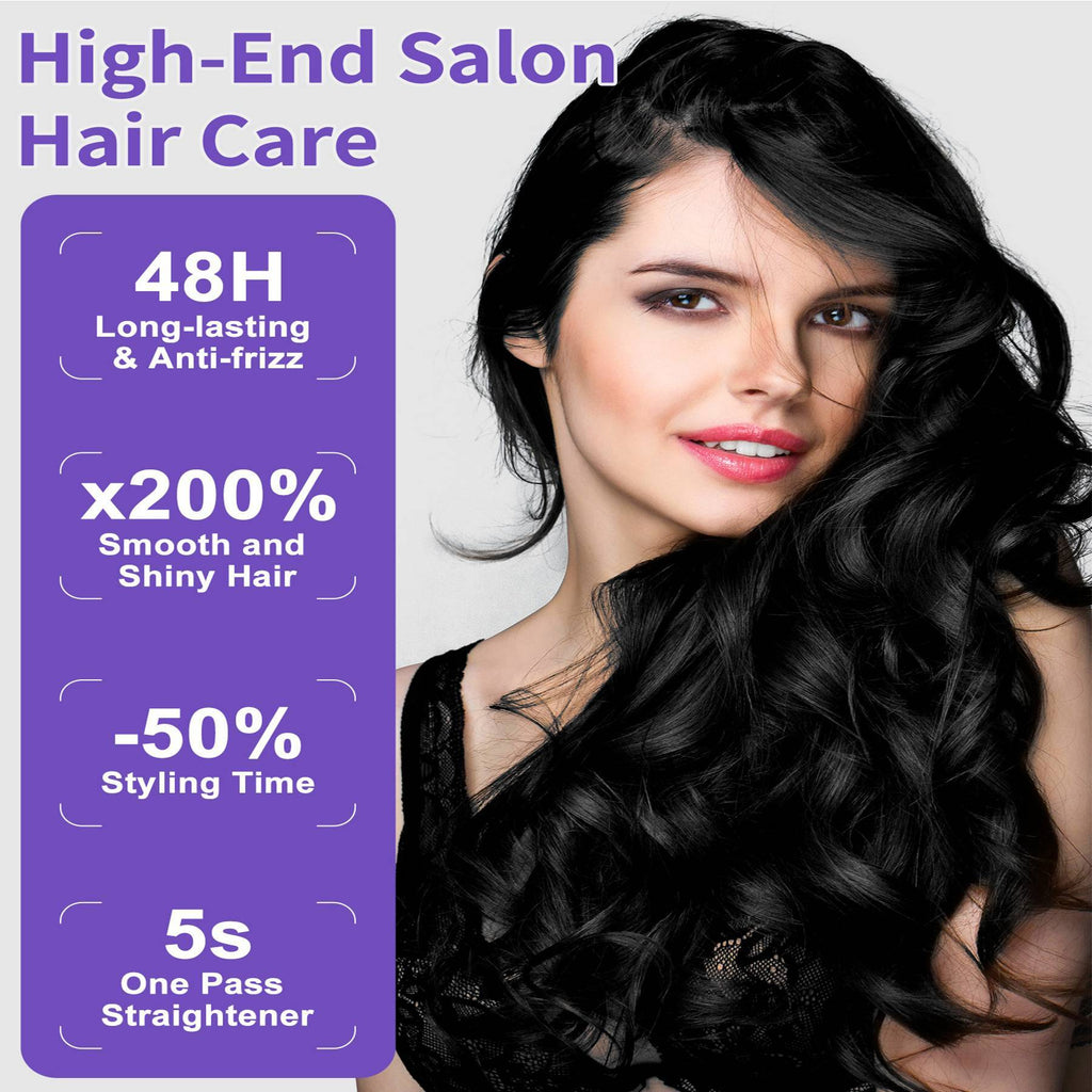 Woman with long, wavy hair next to a purple text box detailing high-end salon hair care product features.