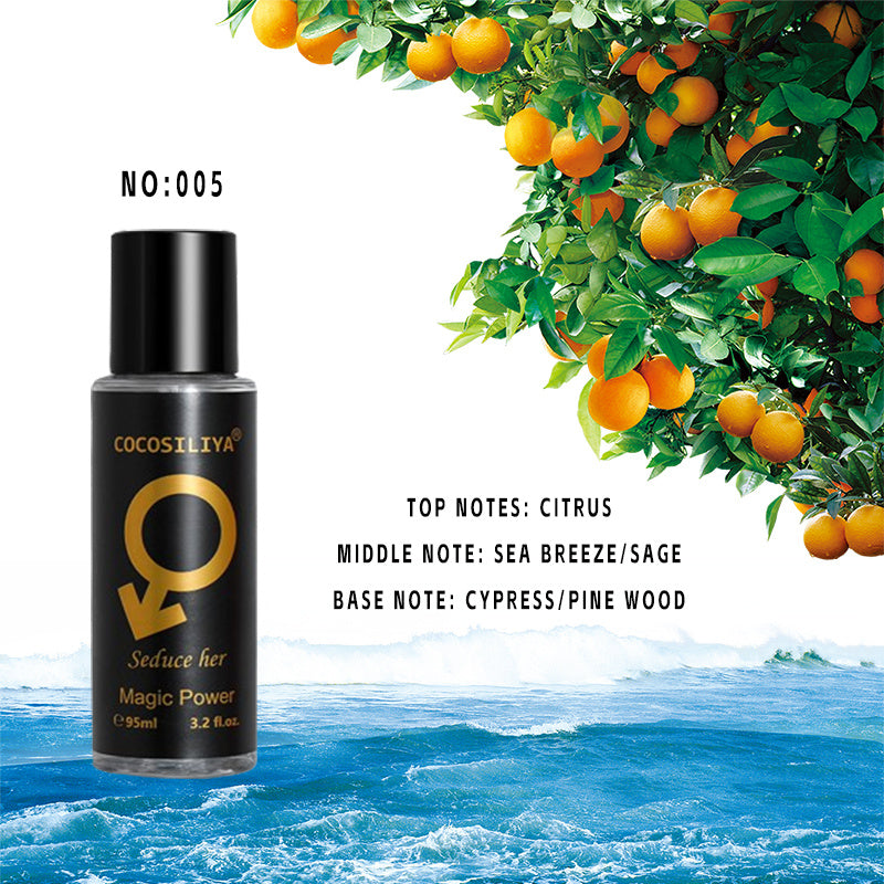 Cocosiliya men's perfume bottle with an orange tree and ocean background