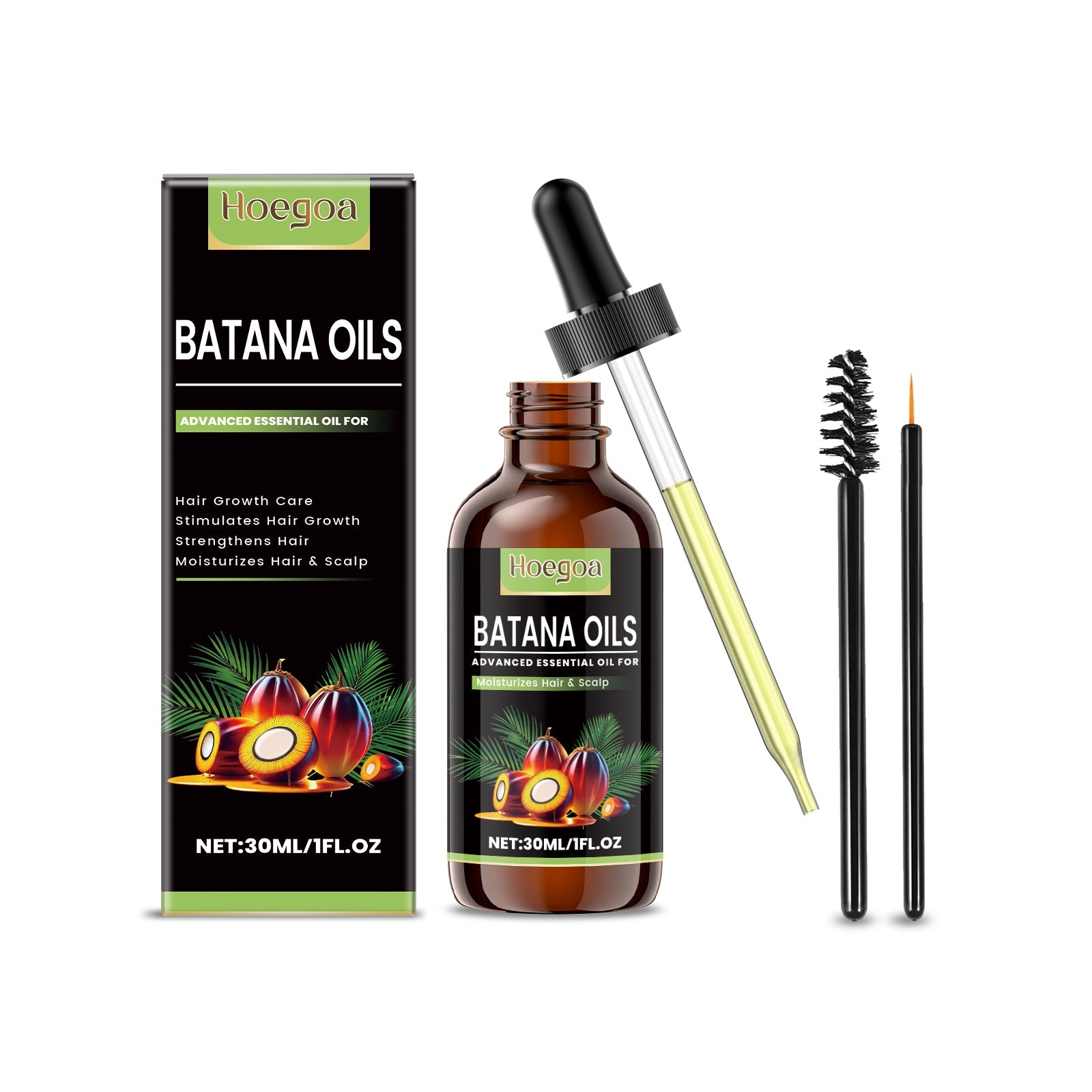 Batana Oils bottle with dropper and brush next to its packaging on a white background