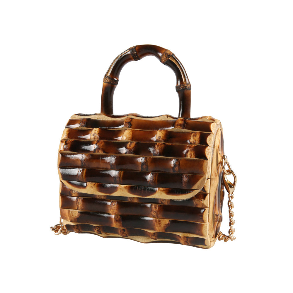 Brown handbag with a chain detail on a white background