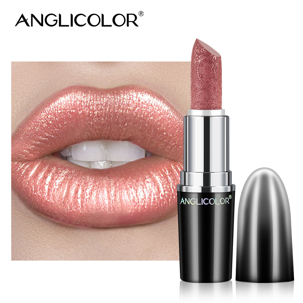Anglicolor lipstick with a close-up of lips wearing the color on a white background