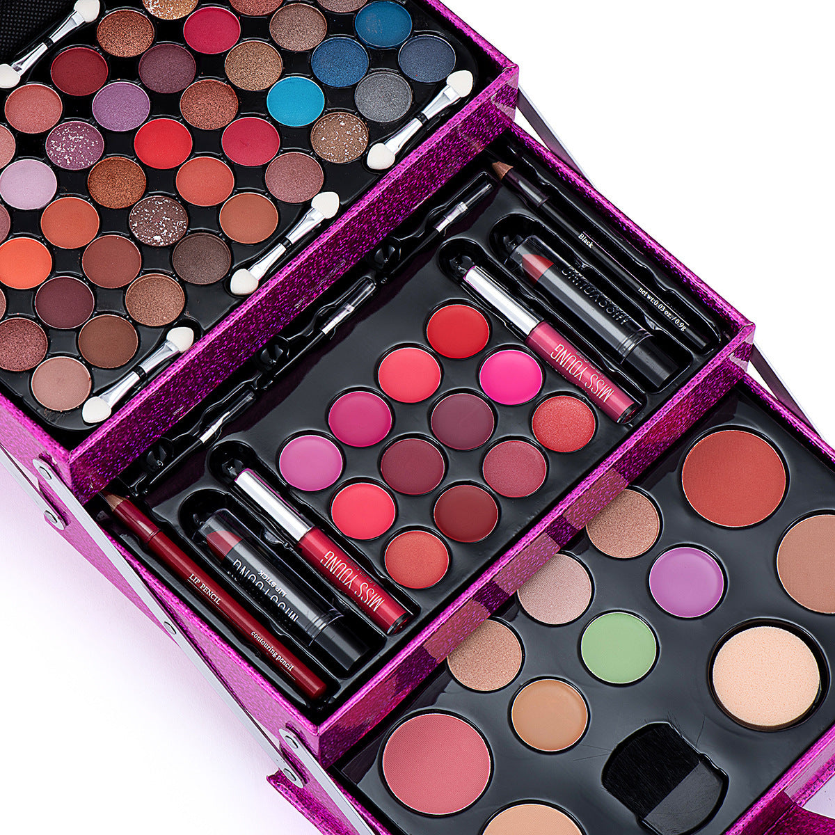 Makeup set with various colors of eyeshadows, lipsticks, and brushes in a pink case.