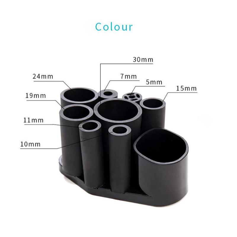 Set of black cylindrical tubes with measurements on a white background