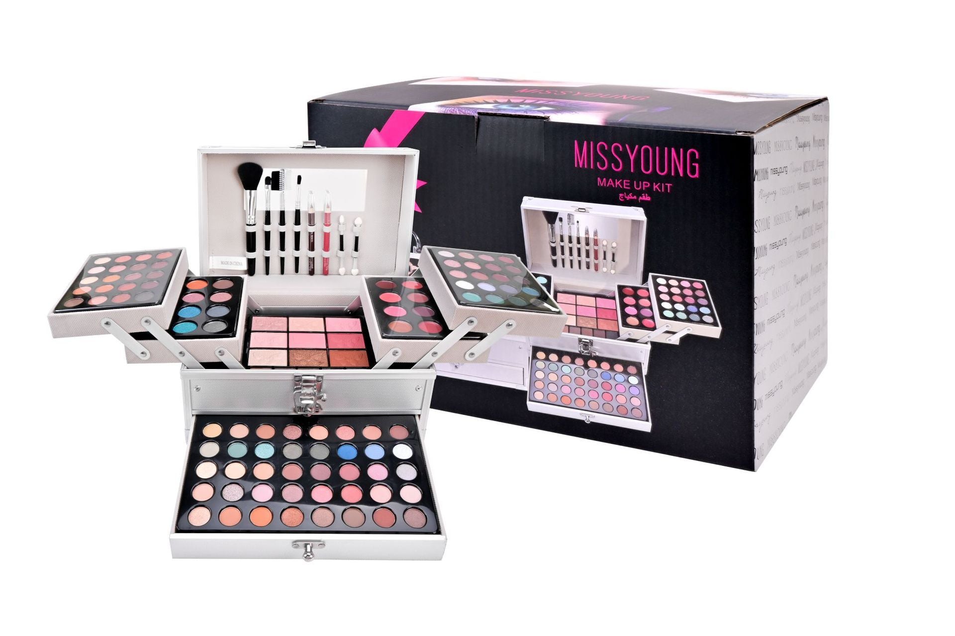 Makeup set with various palettes and tools, displayed in front of a MissYoung branded box.