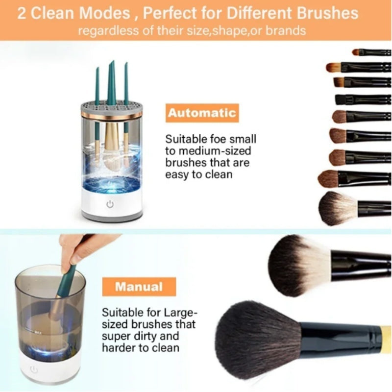 Makeup brush cleaner with cleaning modes for different brush sizes and shapes.