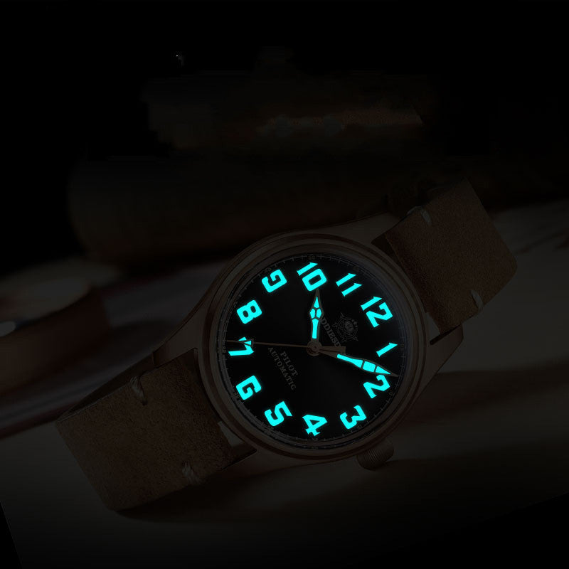 Wristwatch with glowing blue numbers on a dark background
