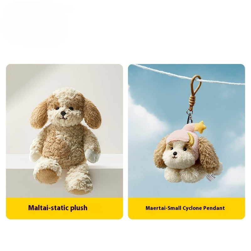 Two plush toys, one static plush and one small pendant, against a plain background.