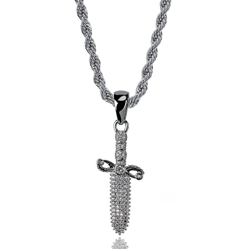 Silver necklace with a sword-shaped pendant on a white background