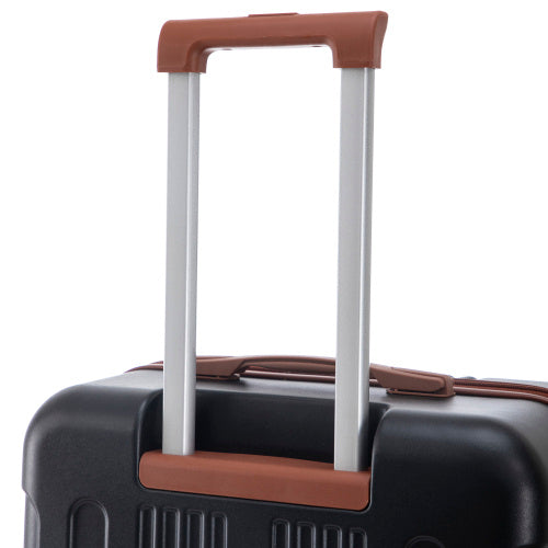 Close-up of a suitcase handle with brown and gray design on a white background