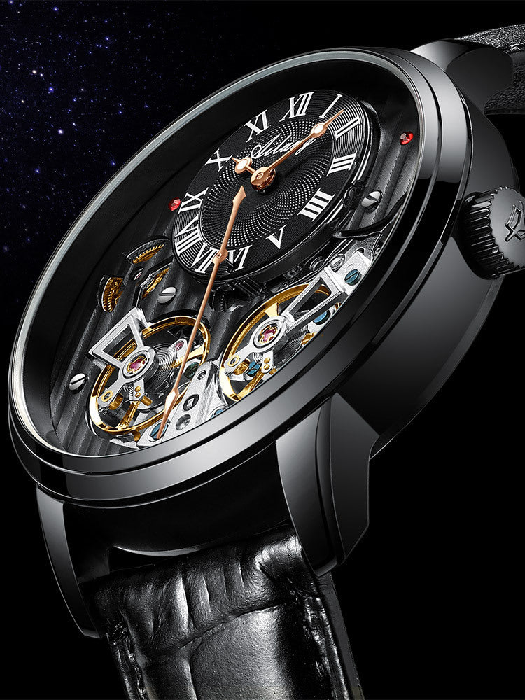 Luxury watch with black dial and leather strap on a dark background
