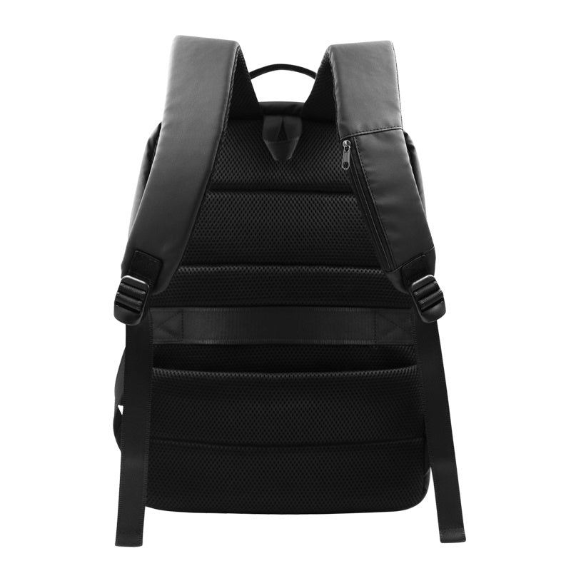 Black backpack with visible stitching details on a white background