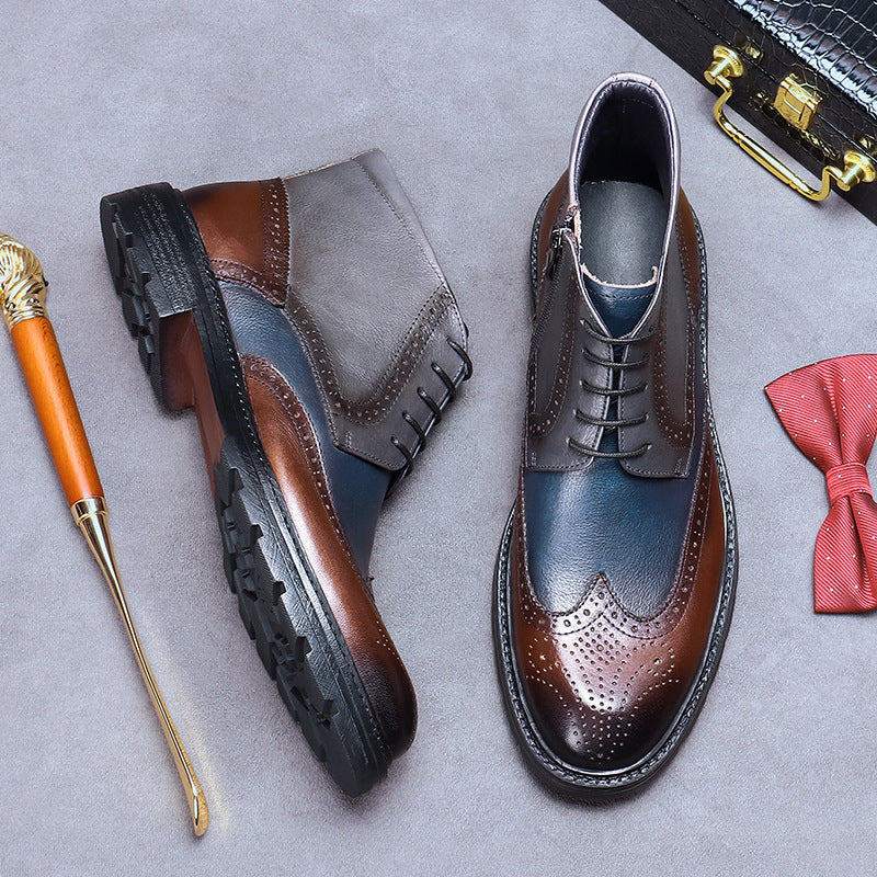 Brown and gray dress shoes with a bow tie and shoe brush on a gray background