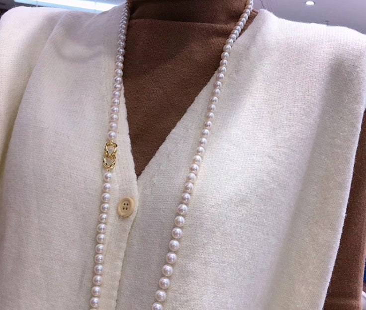 Close-up of a white cardigan with pearl buttons and a pearl necklace.