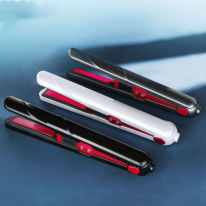 Three hair straighteners in black, white, and red on a blue gradient background