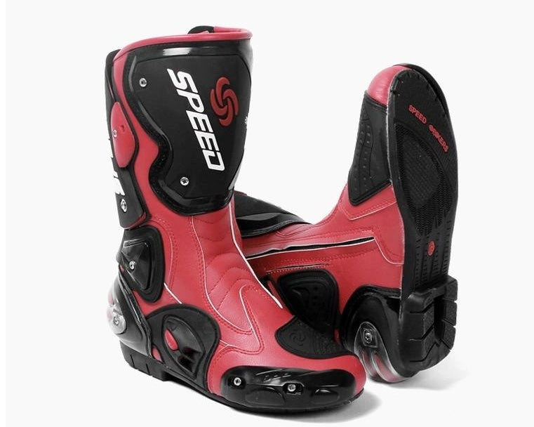 Red and black motorcycle boots with 'Speed' branding on a white background