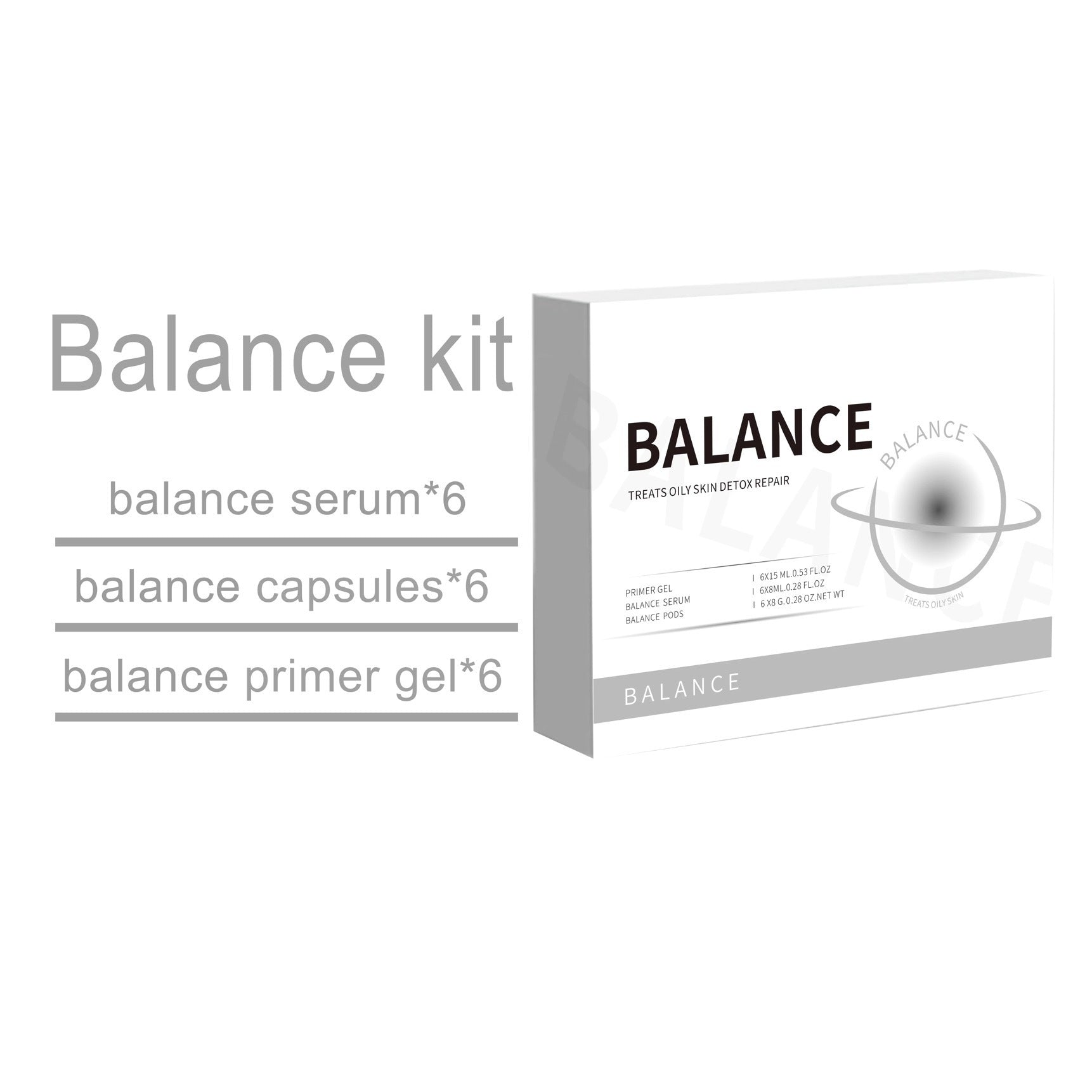 Balance kit with balance serum, capsules, and primer gel on a white background