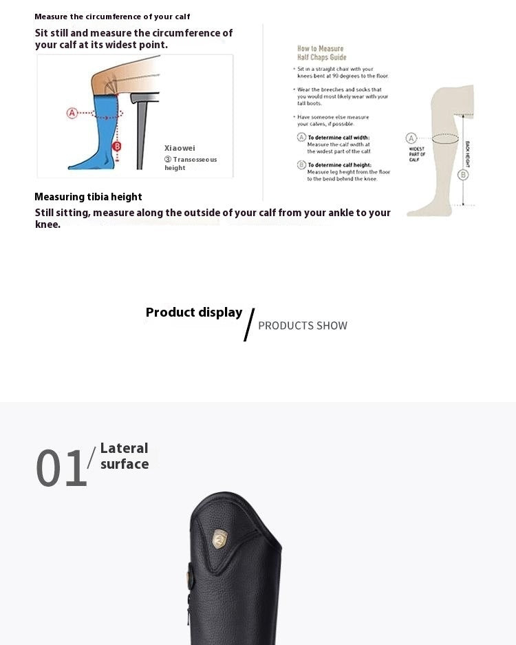 Instructions for measuring calf and tibia height with a product display on a white background