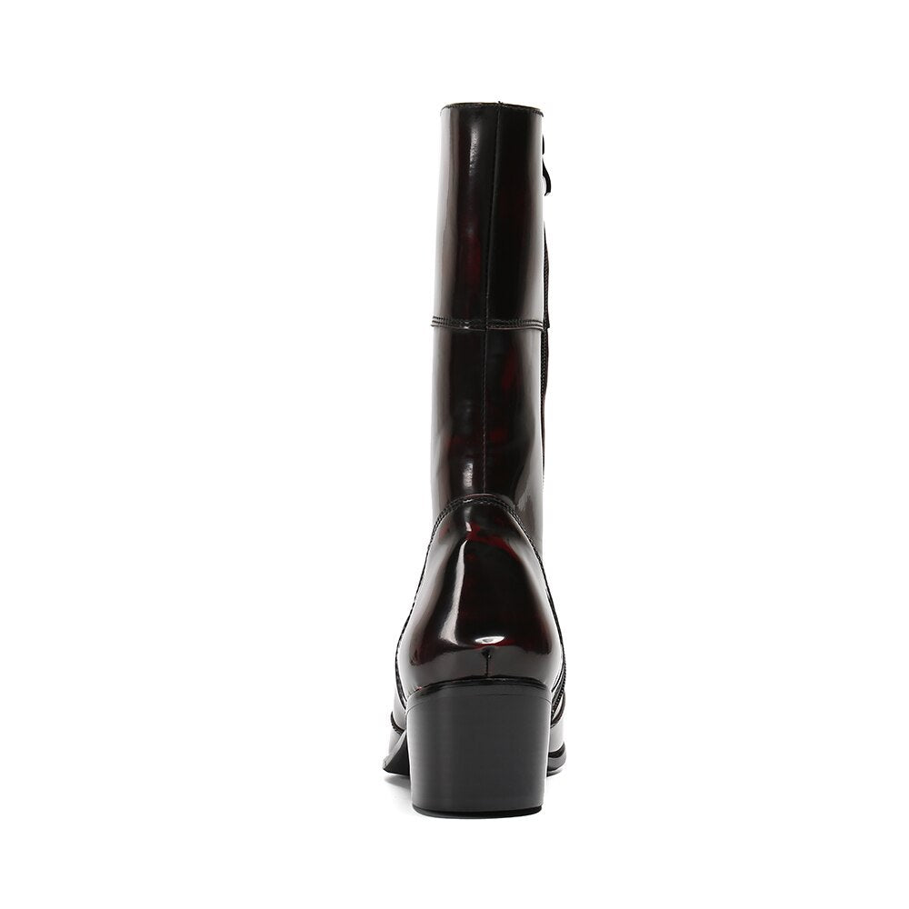 Black patent leather boot on a white background
