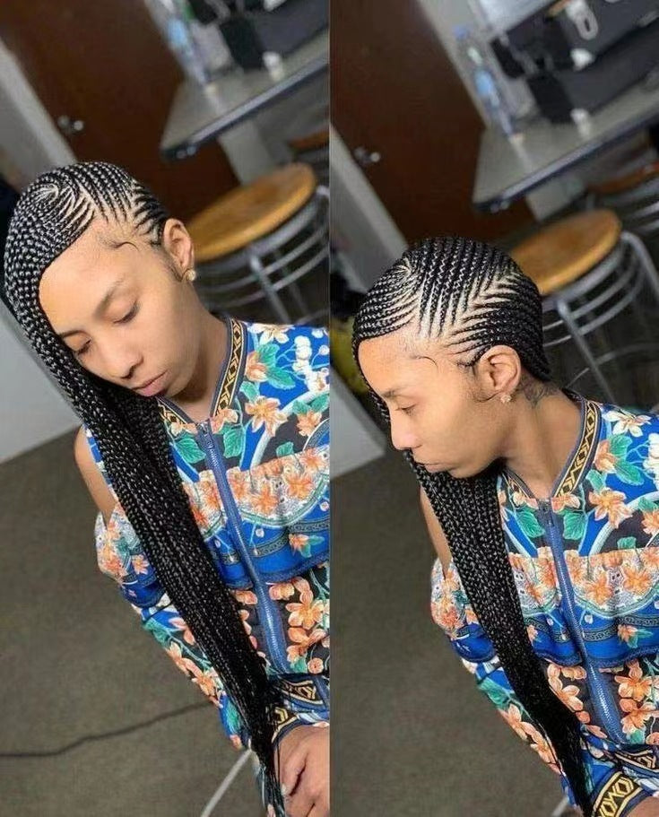 Two views of a person with braided hair wearing a colorful outfit in an indoor setting.