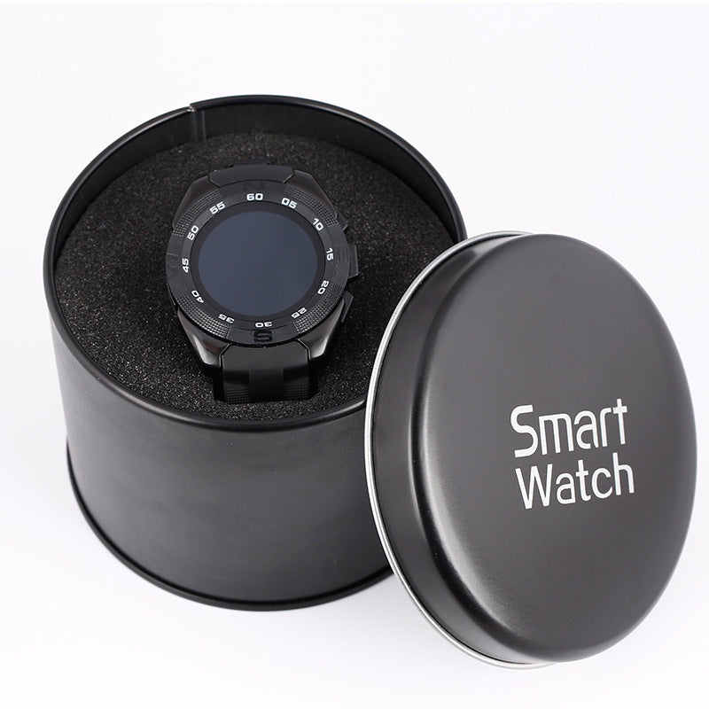 Black smart watch in a cylindrical black box with 'Smart Watch' label on a white background