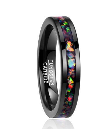 Black tungsten carbide ring with colorful inlay on a white background