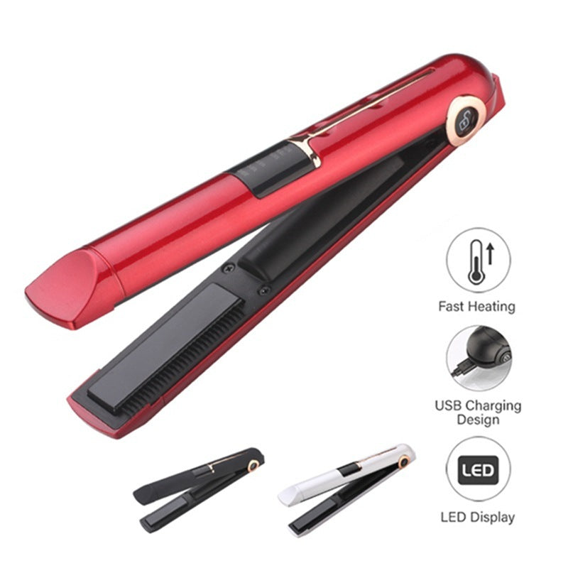 Red hair straightener with features highlighted on a white background