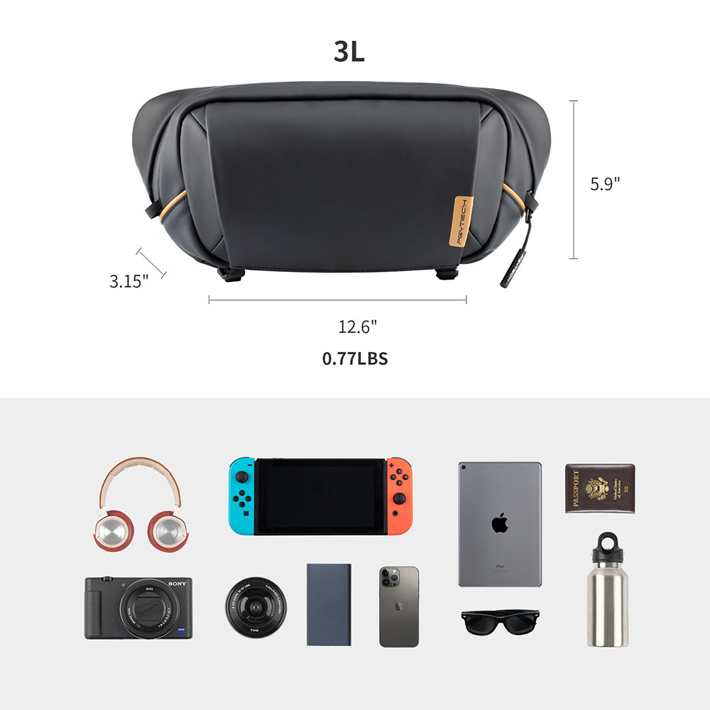 Black waist bag with dimensions and capacity details, shown with items it can hold.