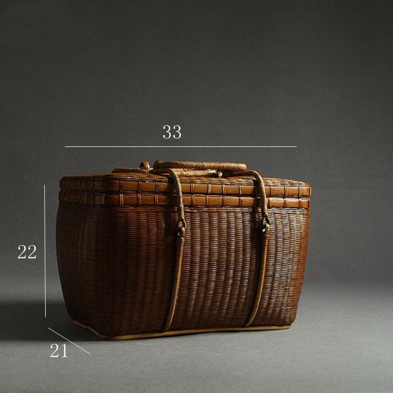 Wicker basket with dimensions labeled on a gray background
