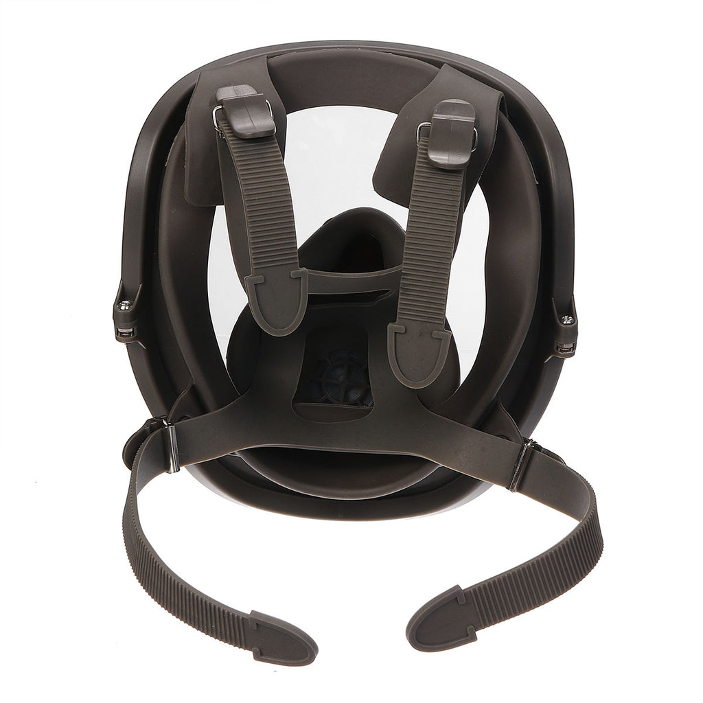 Black full-face mask with straps on a white background