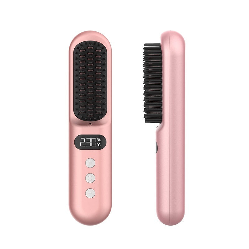 Pink electronic hairbrush with digital display on a white background
