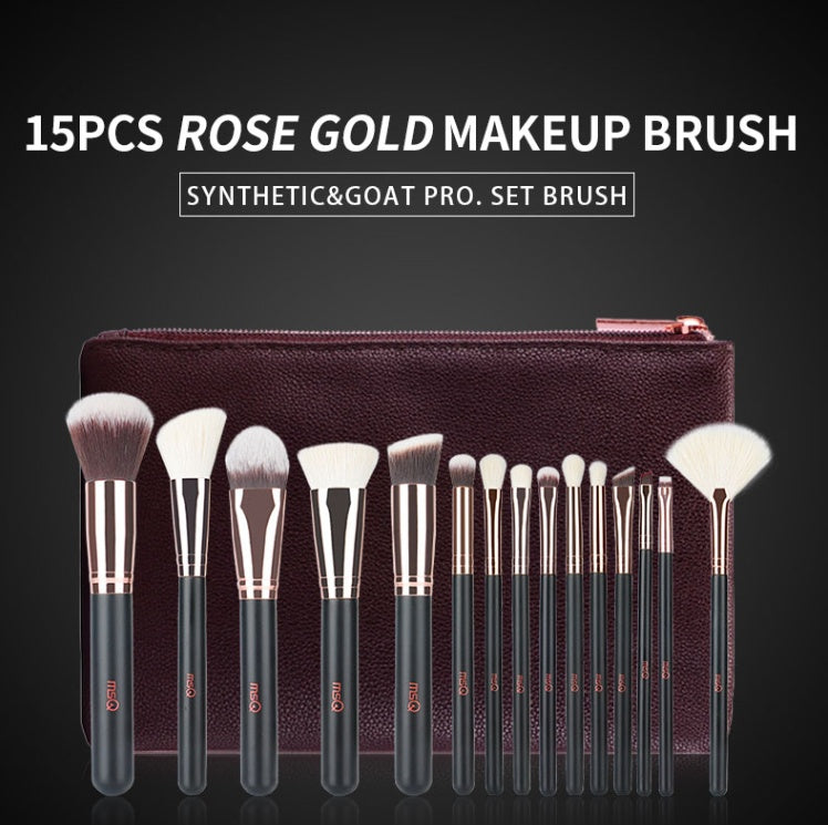 15-piece rose gold makeup brush set with a brown case on a black background