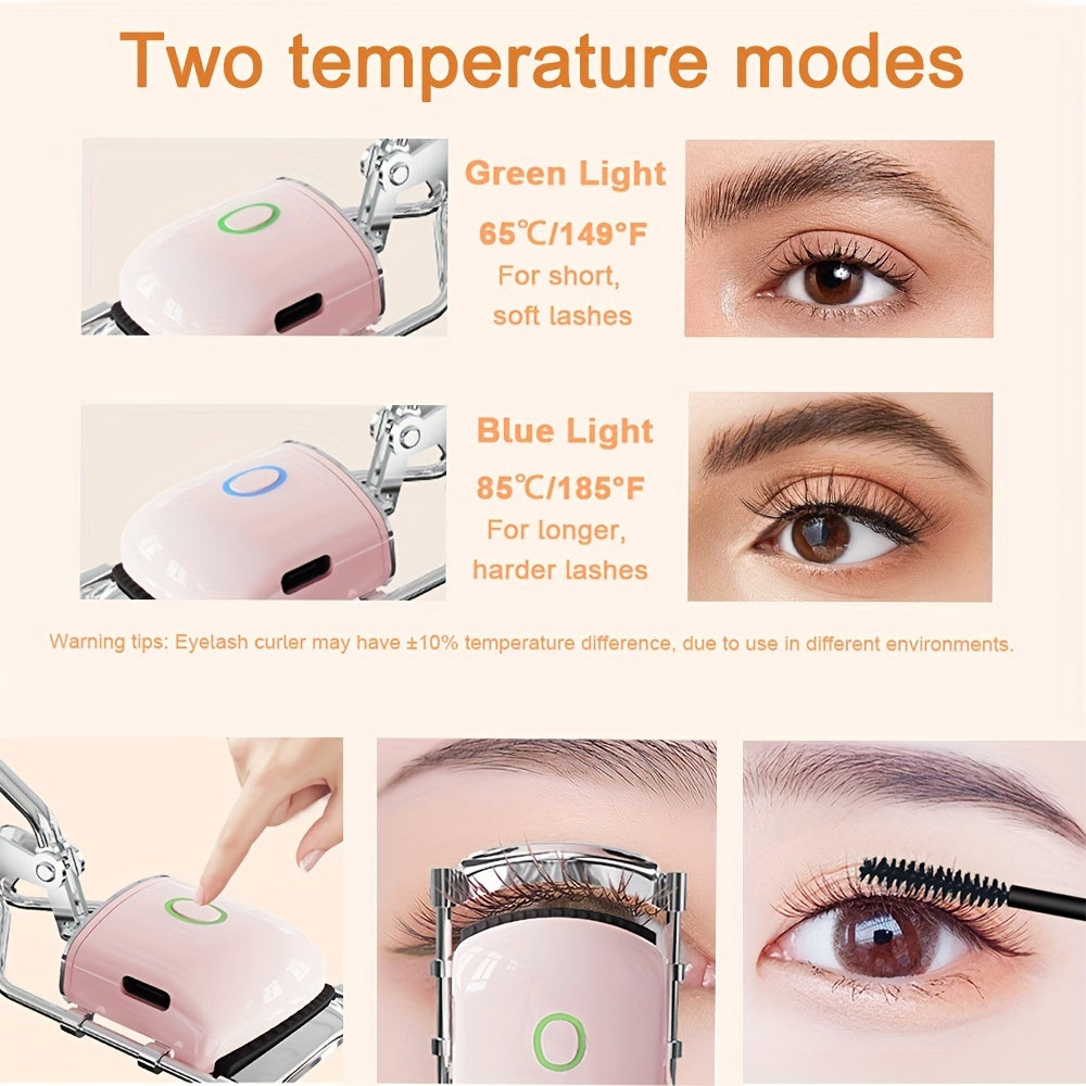 Eyelash curler with temperature modes and usage examples on a white background
