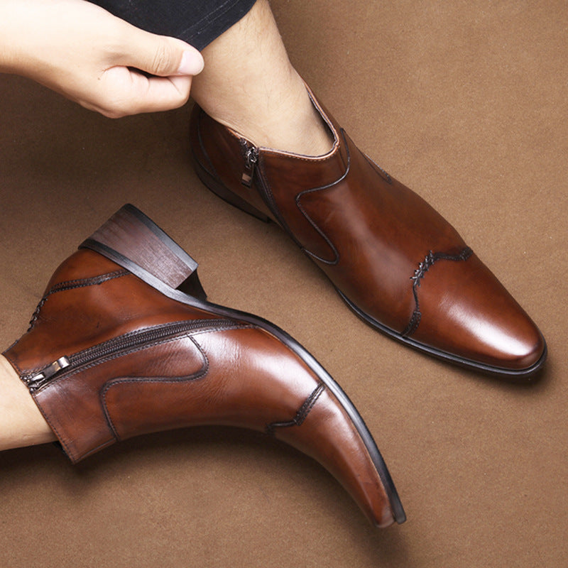 Brown leather shoes being worn on a brown background