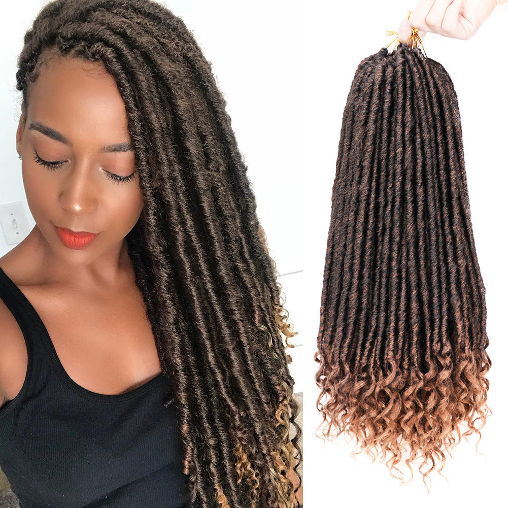 Woman with styled hair and a close-up of ombre braided hair extensions.