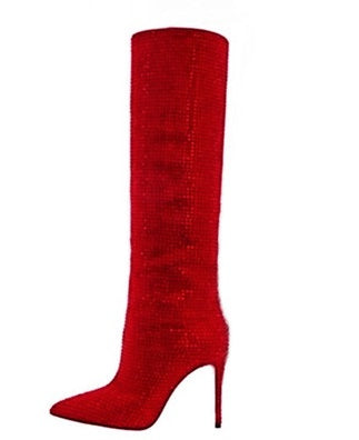 Red knee-high boot with a high heel on a white background