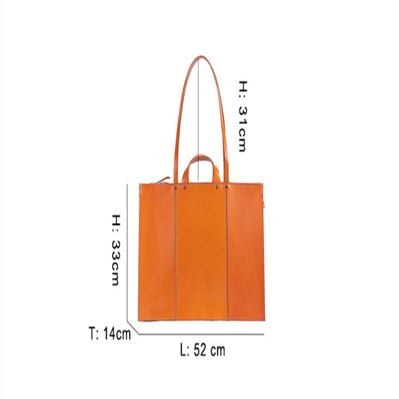 Orange tote bag with dimensions labeled on a white background