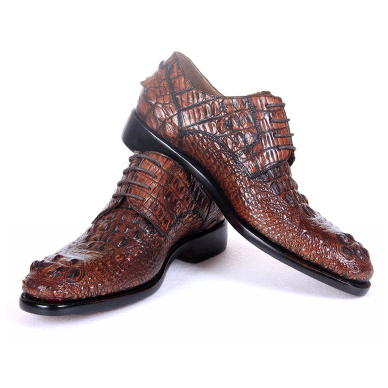 Brown crocodile skin shoes on a white background