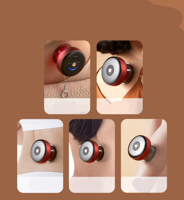 Collage of a red and black electronic device worn on a person's ear against a brown background.