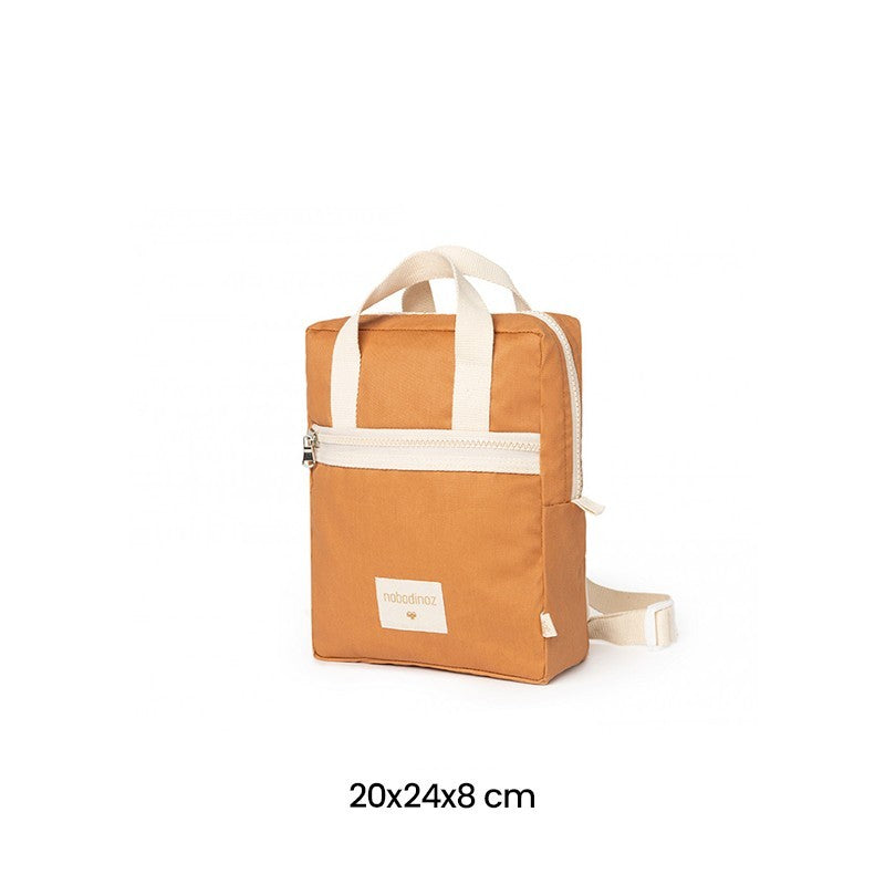 Brown bag with white straps on a white background