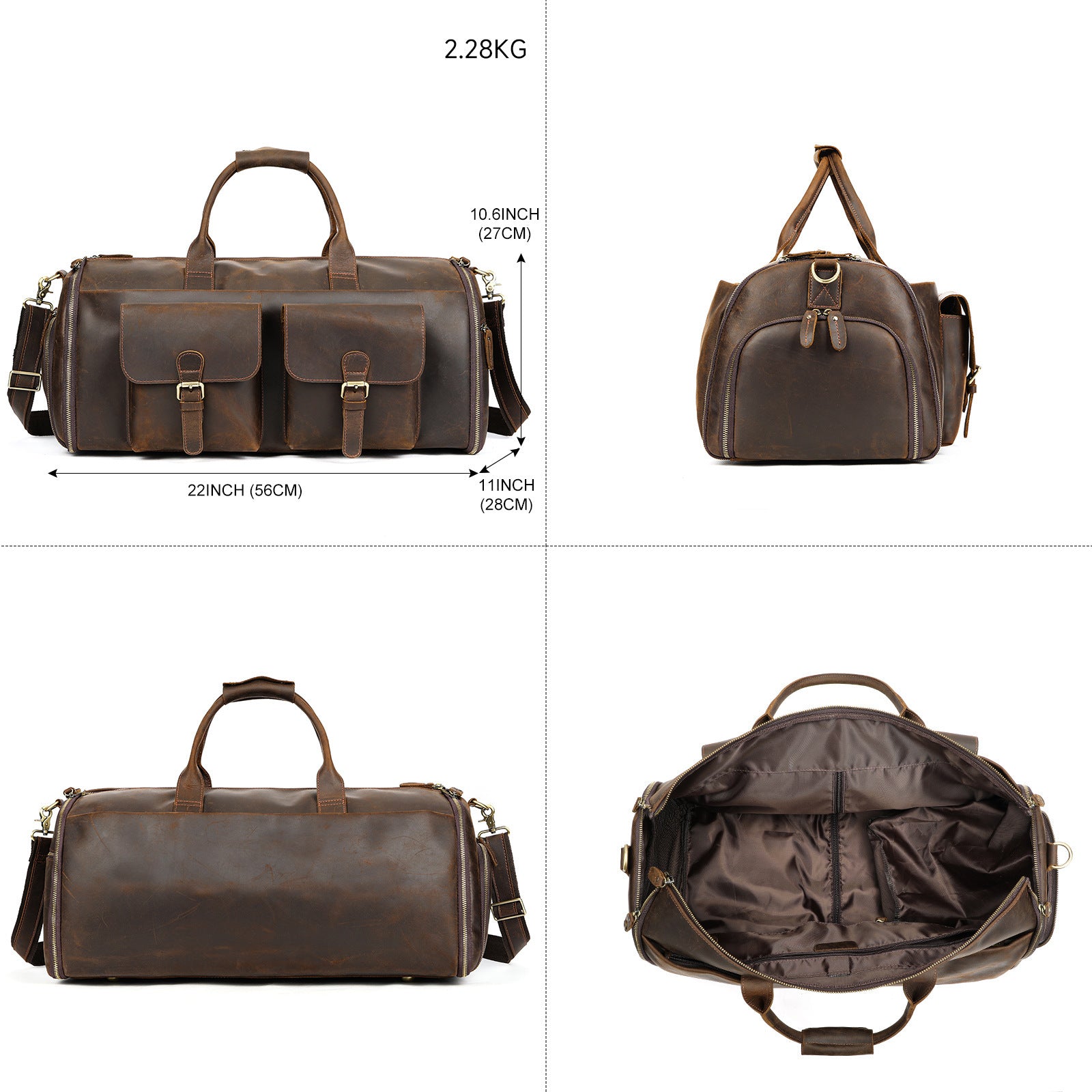 Brown leather duffel bag with measurements and views on a white background
