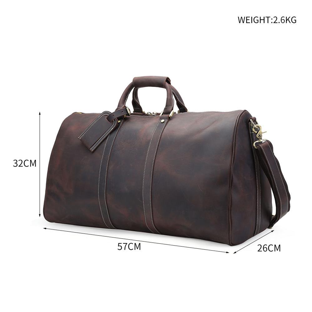Brown leather duffel bag with measurements and weight displayed on a white background
